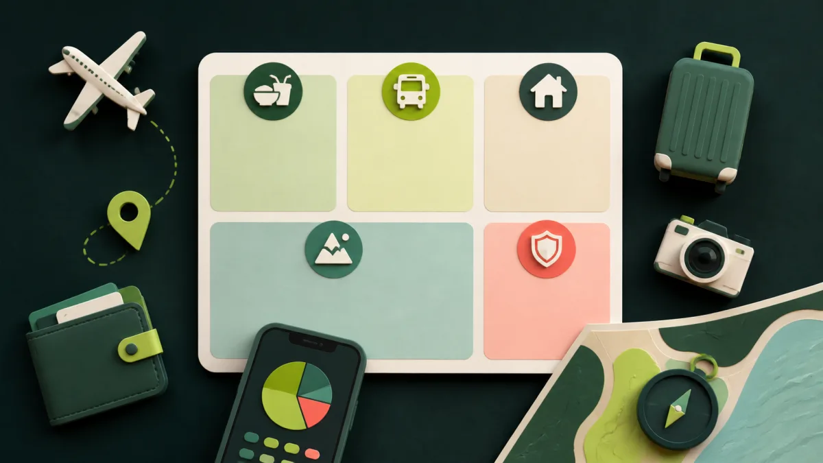 A colorful travel budget board with food, transport, accommodation, activities, and reserve sections