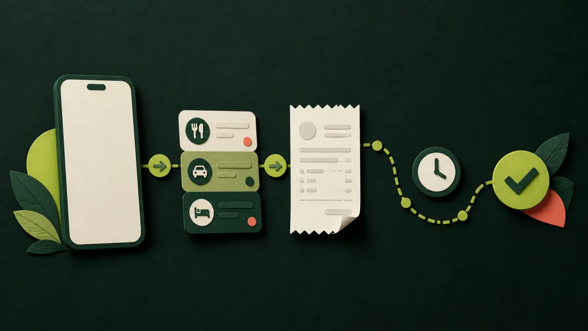 A phone, receipt cards, a travel route, a clock, and a checkmark connected as an expense workflow